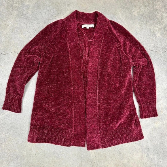 LOFT Ann Taylor Womens Open Cardigan Holiday Red Sz 14 Fuzzy Warm Soft Wine - Picture 1 of 8